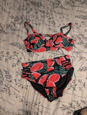 Watermelon Print High-Waist Bikini Set - Black & Red